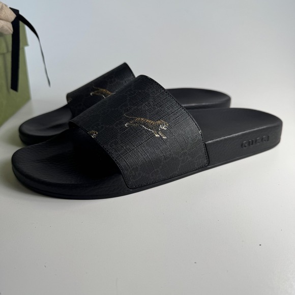 Gucci GG Supreme Tigers Slide Sandals Shoes Mens Size 12 Black Tiger Print Italy - Picture 5 of 15